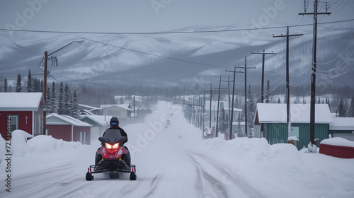 Realistic illustration of snowmobile driving down a street in Northern Canada