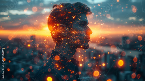Double exposure of city and businessman with light effects