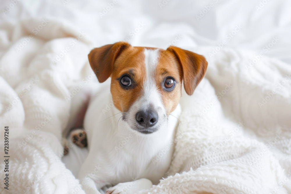 Cozy Jack Russell Terrier dog lying on a soft white blanket, looking up with bright eyes