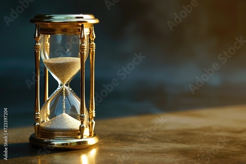 Elegant hourglass with flowing sand, space for copy