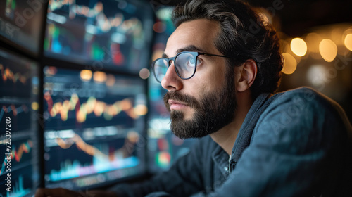 A side view of a trader analyst at the desktop, analyzing financial chart, stock quotes, share prices, trading online, checking data on cryptocurrency graph on computer screen, making notes