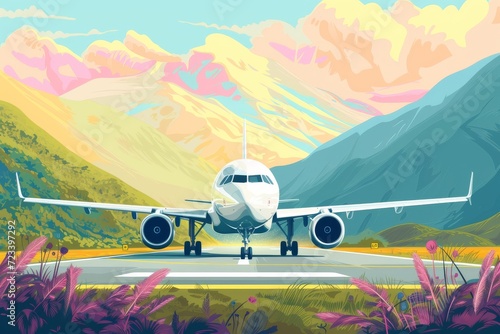 A sleek airliner awaits its journey, dwarfed by majestic mountains as it sits on the runway, its powerful jet engines ready to take flight into the vast sky above
