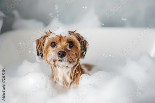A fluffy companion dog enjoys a cozy winter bath in a bubbly bathtub, adding some fun to a snowy day