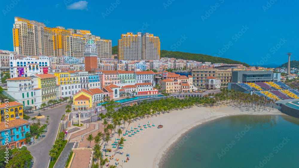Fototapeta premium Aerial view of Sunset ghost town in Phu Quoc island, Vietnam. Fast being developed European city copy. Amazing future resort, Kien Giang province