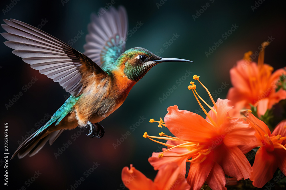 Fototapeta premium The hummingbird bird drinks nectar from flowers. Generated by artificial intelligence