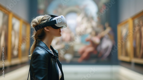 Merging Past and Future - Woman Experiencing Classical Art through Virtual Reality in Museum