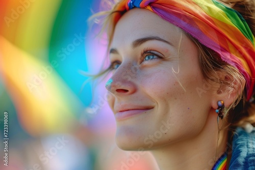 The photograph features a portrait of an individual at a gay pride parade. The person is captured in a celebratory and vibrant atmosphere, surrounded by symbols of LGBTQ+ pride. In the background