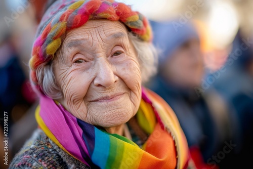The photograph features a portrait of an individual at a gay pride parade. The person is captured in a celebratory and vibrant atmosphere, surrounded by symbols of LGBTQ+ pride. In the background