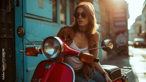 Beautiful woman sitting on a vintage red scooter (motorcycle)