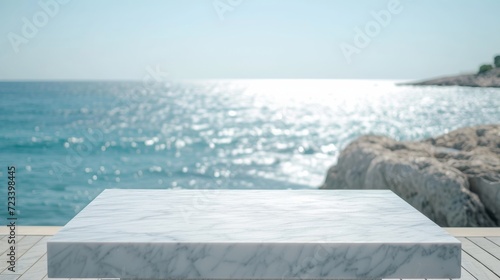 The tranquil outdoor scene features a pristine white marble table against a hazy ocean backdrop, evoking a sense of calm and connection with nature