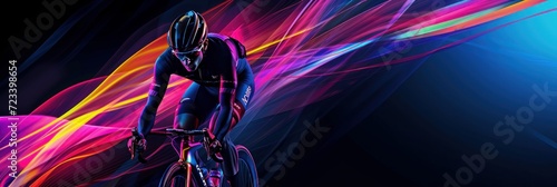 Creative artwork. Man, professional cyclist training, riding on black background with polygonal and fluid neon elements. Concept of sport, activity, creativity, energy. Copy space for art, text  photo