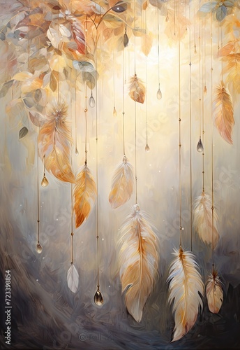 Feathers hanging from the ceiling and glowing lanterns with golden watercolor.