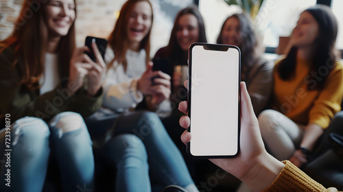 Hand holding showing an isolated smartphone device with blank empty white screen with happiness smiling laughing young people friends, social communication technology concept photo