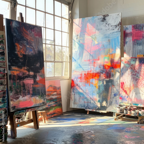 An art workshop with artworks in abstract style