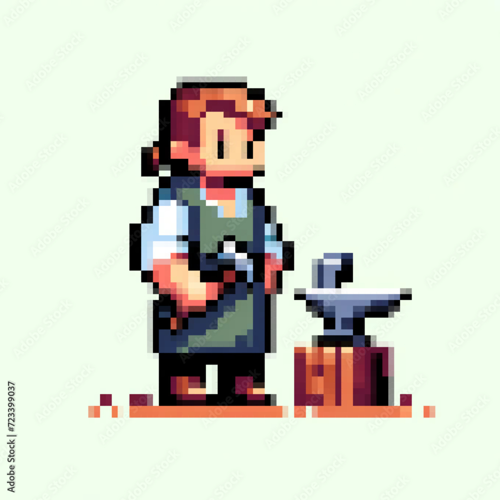 Fototapeta premium Pixel art illustration of a medieval blacksmith, vector design on light background - Medieval game asset 