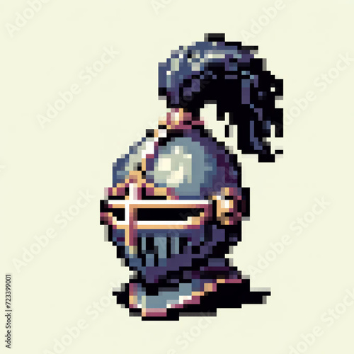 Pixel art illustration of a medieval plumed helmet  vector design on light background - Medieval game asset 