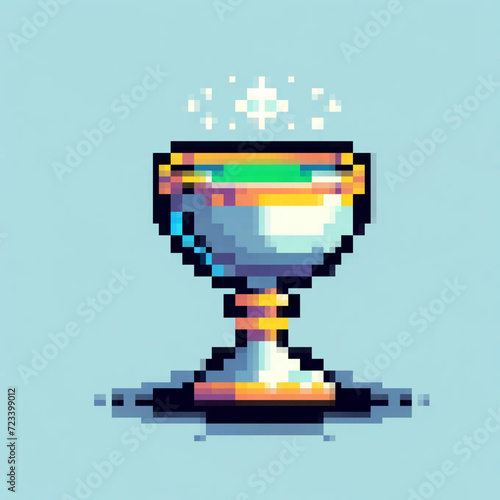 Pixel art illustration of a grail, vector design on blue background - Medieval game asset 