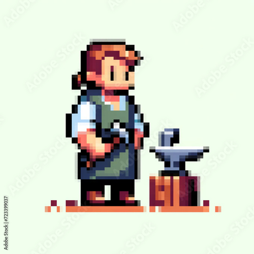 Pixel art illustration of a medieval blacksmith, vector design on light background - Medieval game asset 