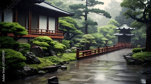 Japanese garden in the rain. 