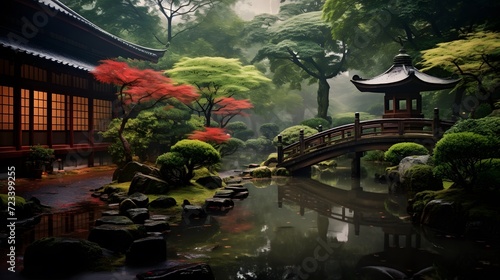 Japanese garden in the rain.  © Ziyan