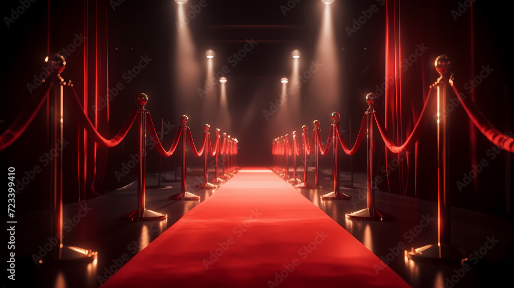 Red carpet staircase with smoke and spotlights, holiday awards ceremony event Red carpet staircase with smoke and spotlights, holiday awards ceremony event