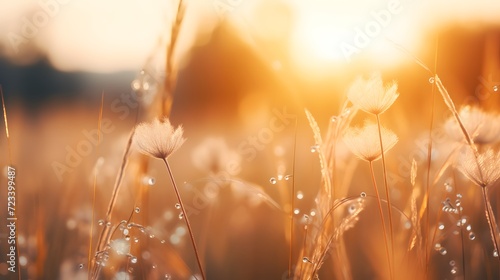 Meadow grass flower with dewdrops in the morning with golden sunrise sky. Selective focus on grass flower on blur bokeh background of yellow and orange sunshine. Grass field with sunrise sky.  