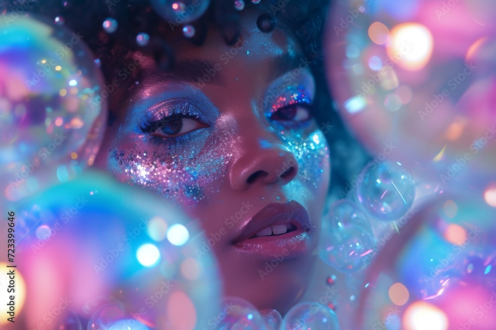 Beauty portrait of young african american woman with bokeh lights. Facial Care Cosmetics Concept Beauty portrait of young african american woman with bokeh lights. Facial Care Cosmetics Concept
