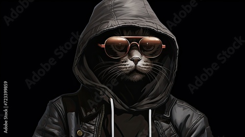 a cat donning sunglasses and a black hoodie while strolling outdoors, showcasing stylish costume design, a blend of light gray and light brown tones.