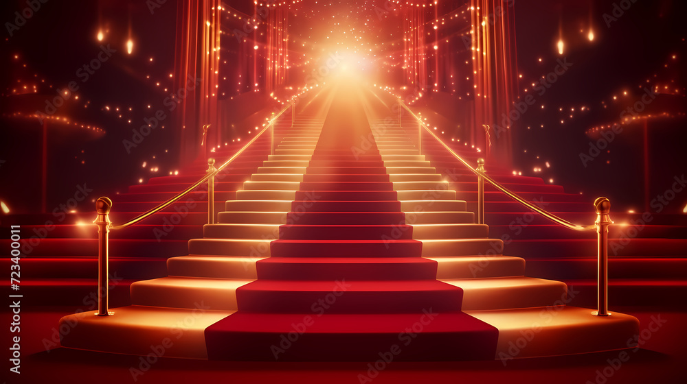 Red carpet staircase with smoke and spotlights, holiday awards ceremony event Red carpet staircase with smoke and spotlights, holiday awards ceremony event