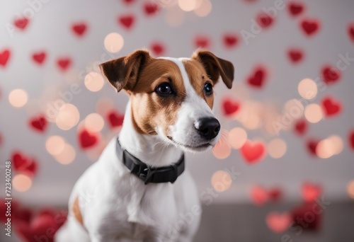 Jack Russell brown and white dog portrait with Valentine hearts behind © FrameFinesse