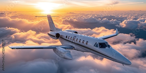 Private jet flying through the clouds at sunset