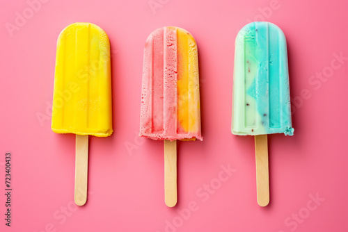 Fruit ice creams on a stick on a pink background, Colorful popsicle ice creams on a pink background. Row of strawberry and mint popsicles on sticks, perfect for a summer refreshment.