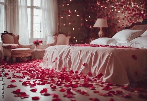 A bed with white sheets in bedroom full of rose petals