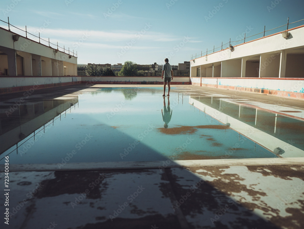 A skateboarder confidently performs tricks on a curved deserted swimming pool, showcasing their skills.