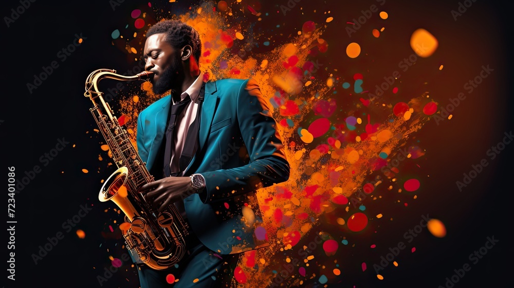 the World Jazz Festival with a dynamic photograph of a saxophonist musician passionately playing the saxophone on stage, surrounded by the energy and excitement of the fest. - obrazy, fototapety, plakaty 