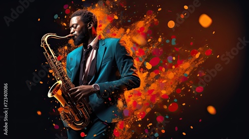 the World Jazz Festival with a dynamic photograph of a saxophonist musician passionately playing the saxophone on stage, surrounded by the energy and excitement of the fest. photo