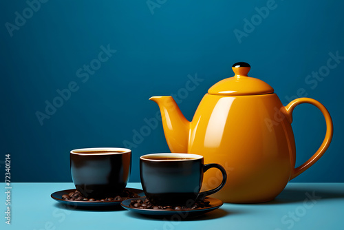 two ceramic cups and a teapot with black coffee on a bright table