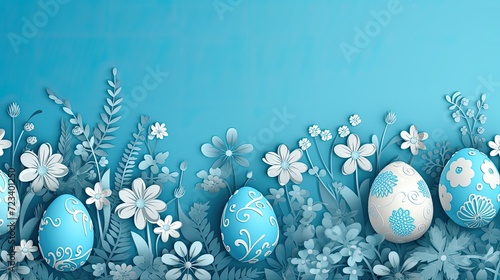 a collection of beautifully decorated eggs, set against a pattern adorned with paschal symbols in sketch style, perfect for banners, flyers, and brochures. photo