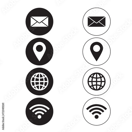 Iconos en negro de correo electrónico, internet, mapa y geolocalización sobre un fondo blanco aislado. Vista de frente y de cerca photo