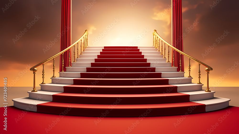 Fototapeta premium Red carpet staircase with smoke and spotlights, holiday awards ceremony event