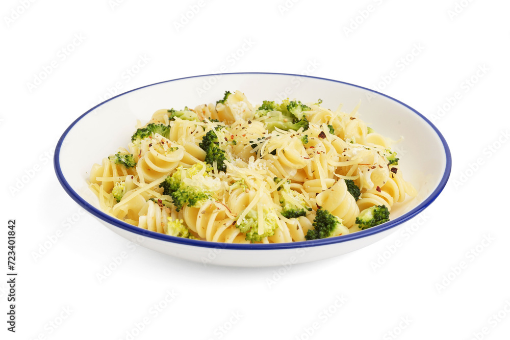 Delicious fusilli pasta with broccoli and cheese in bowl on white background