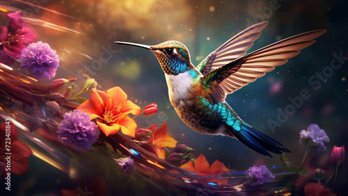 A hummingbird in flight surrounded by vibrant flowers, magic birds concept
