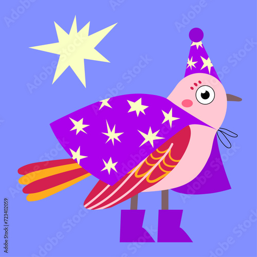  Cute bird dressed as a magician. Vector card, poster for kids