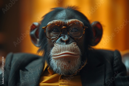 A scholarly primate stands out in an indoor setting as a stylish and intelligent mammal, donning a pair of glasses that adds to its monkey-like charm