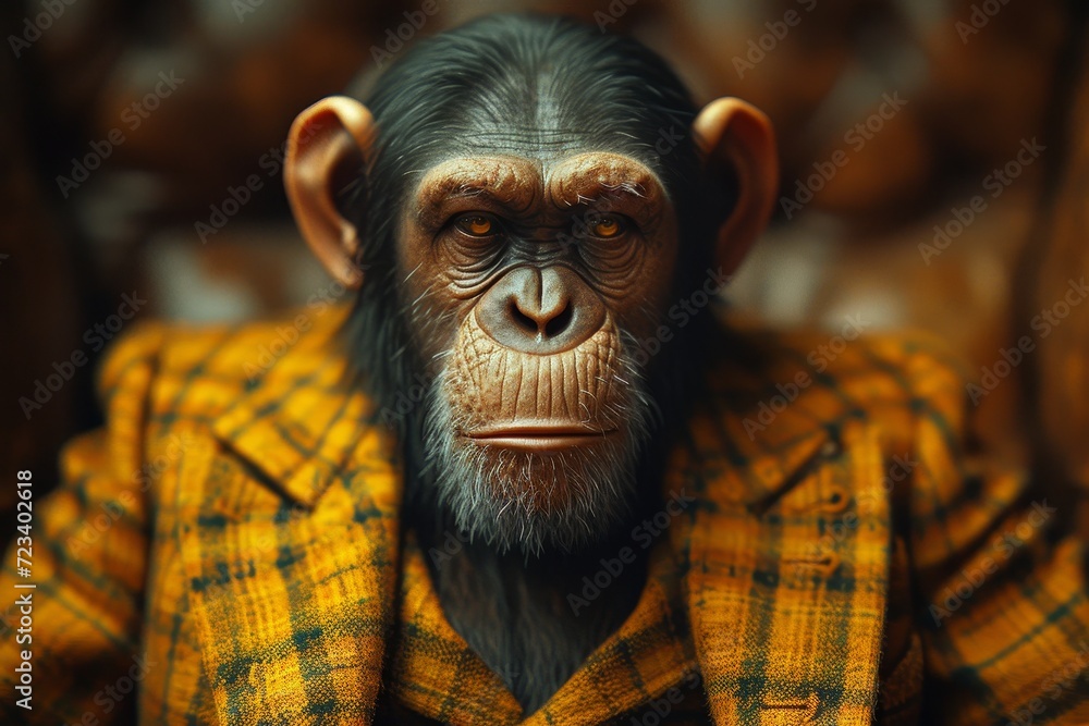 A wrinkled, human-like skin contrasts with the indoor setting as a chimpanzee dons a jacket, blurring the lines between animal and person A wrinkled, human-like skin contrasts with the indoor setting as a chimpanzee dons a jacket, blurring the lines between animal and person
