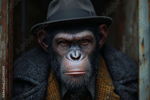 A dapper monkey dons a sophisticated hat and coat, staring confidently with a human-like face, complete with wrinkles, a beard, and a moustache, exuding a charming and stylish persona in this indoor  © Larisa AI