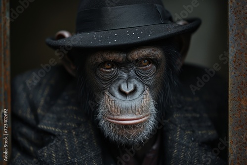 A wise chimpanzee exudes sophistication and confidence, donning a stylish black hat and coat as it gazes intently at the viewer in an indoor portrait, its wrinkled face betraying a lifetime of wisdom