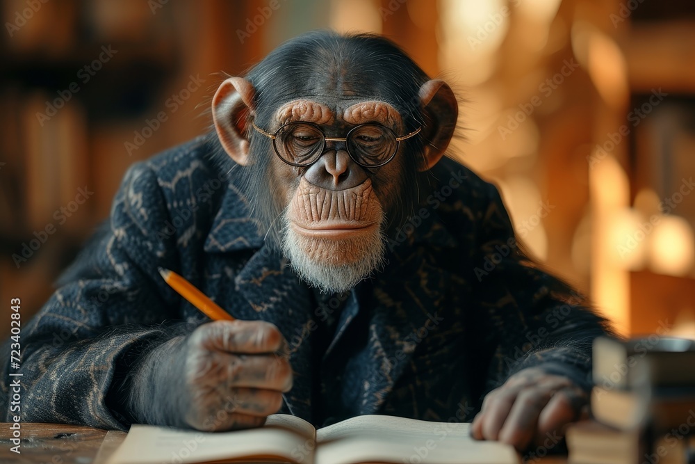 A distinguished simian scholar sits indoors, glasses perched on his wrinkled face as he pens wisdom onto the pages of a wooden book