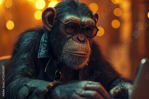 A suave simian dons a pair of spectacles and a leather jacket, exuding both intelligence and style as a primate fashion icon