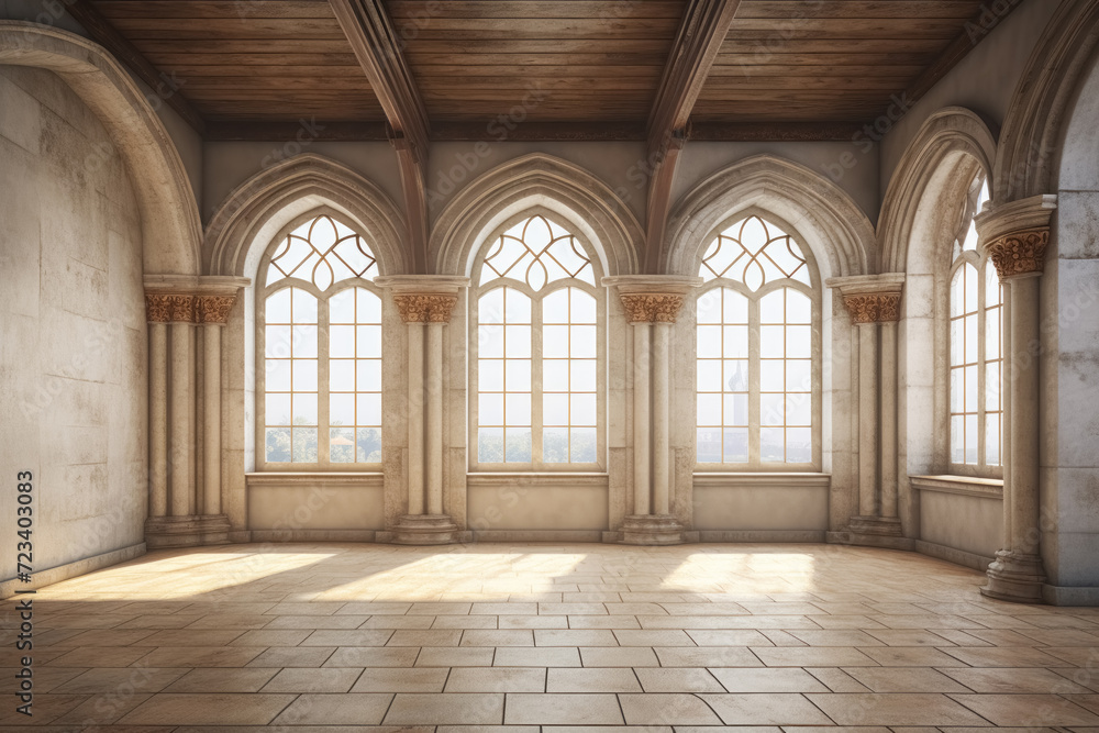 Fototapeta premium Interior by romanesque style an empty room with brickwork on the walls, wooden ceiling with beams, tiled floor, large windows in the form of arches